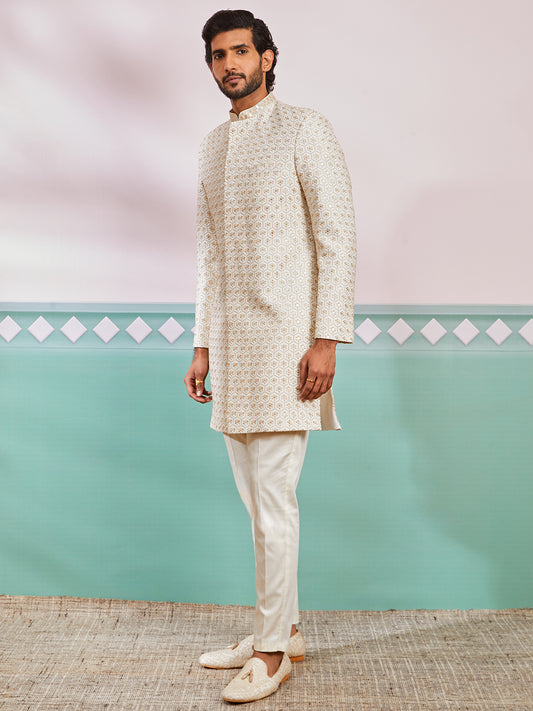 Off White Silk Blend Wedding Men's Indo Western Set