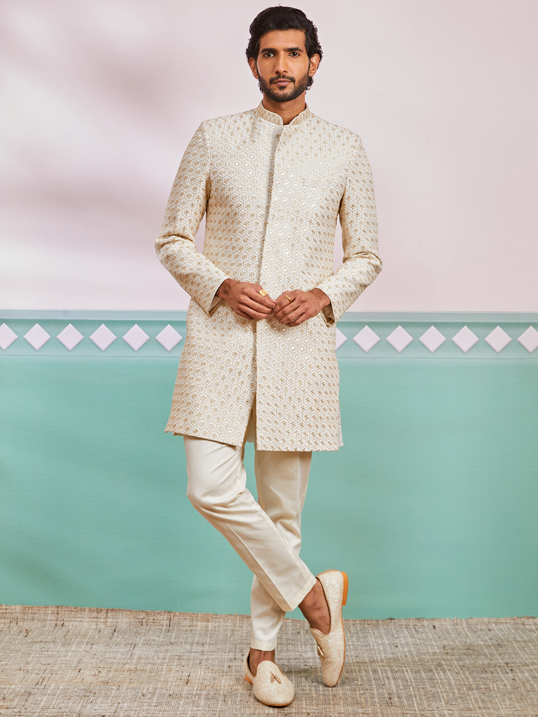 Off White Silk Blend Wedding Men's Indo Western Set