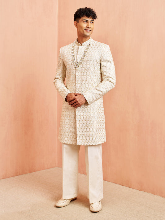 Off White Silk Blend Wedding Wear Men's Indo Western Set