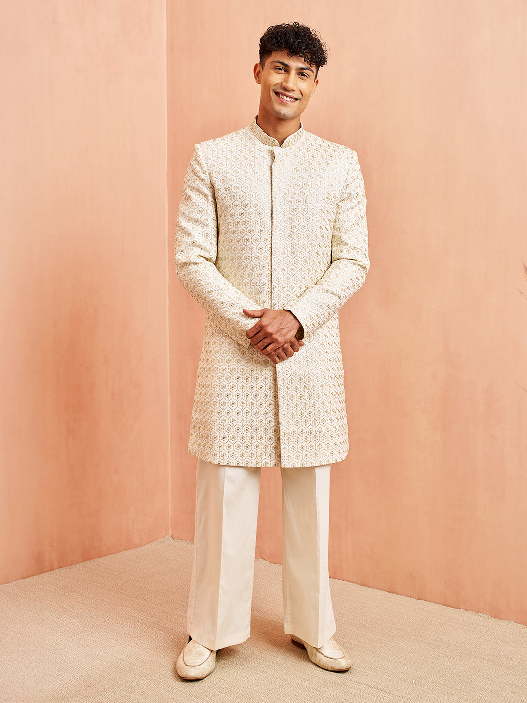 Off White Silk Blend Wedding Wear Men's Indo Western Set
