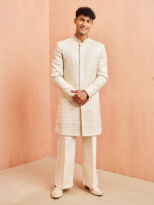 Off White Silk Blend Wedding Wear Men's Indo Western Set