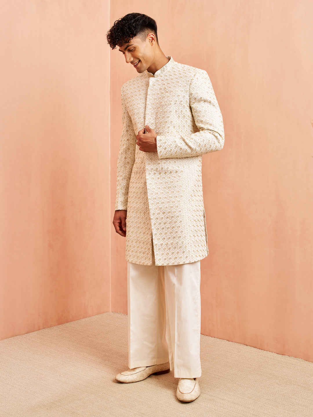 Off White Silk Blend Wedding Wear Men's Indo Western Set