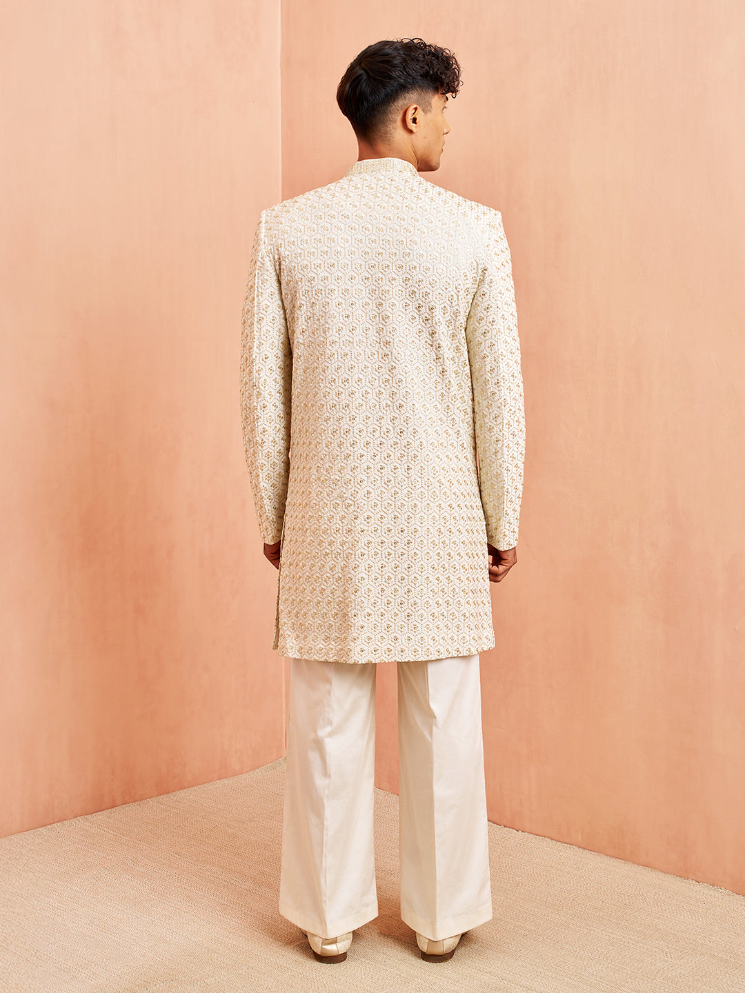 Off White Silk Blend Wedding Wear Men's Indo Western Set