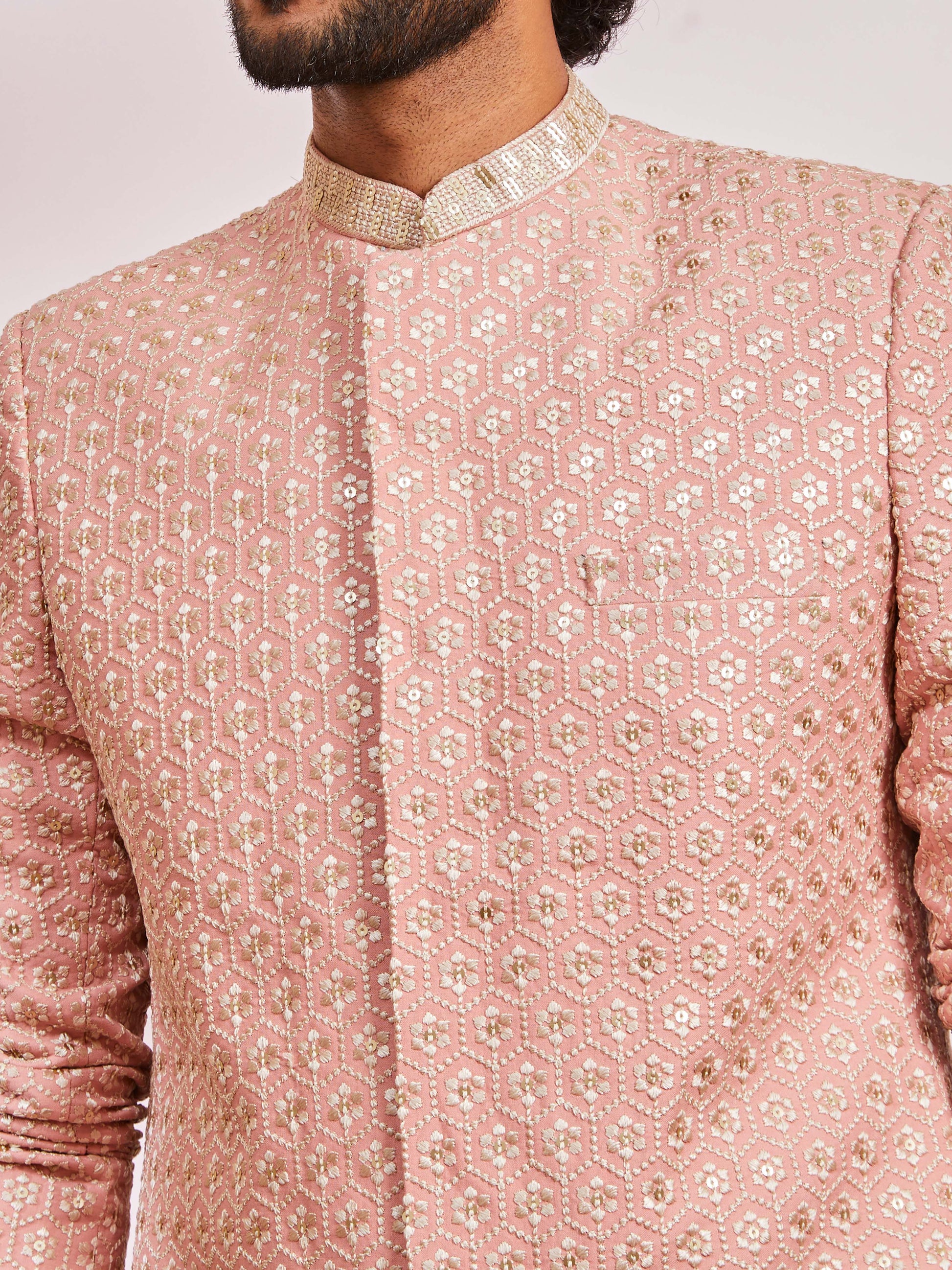 Peach Silk Blend Wedding Men's Indo Western Set