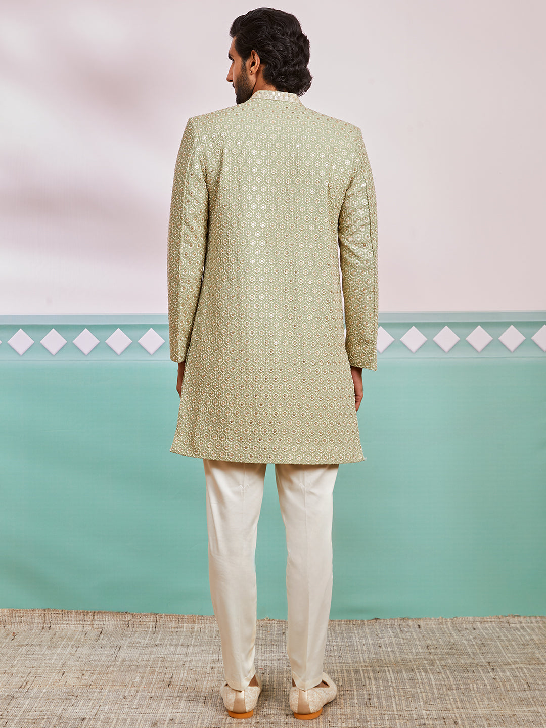 Pista Green Silk Blend Wedding Men's Indo Western Set
