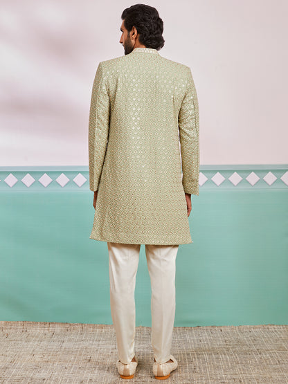 Pista Green Silk Blend Wedding Men's Indo Western Set