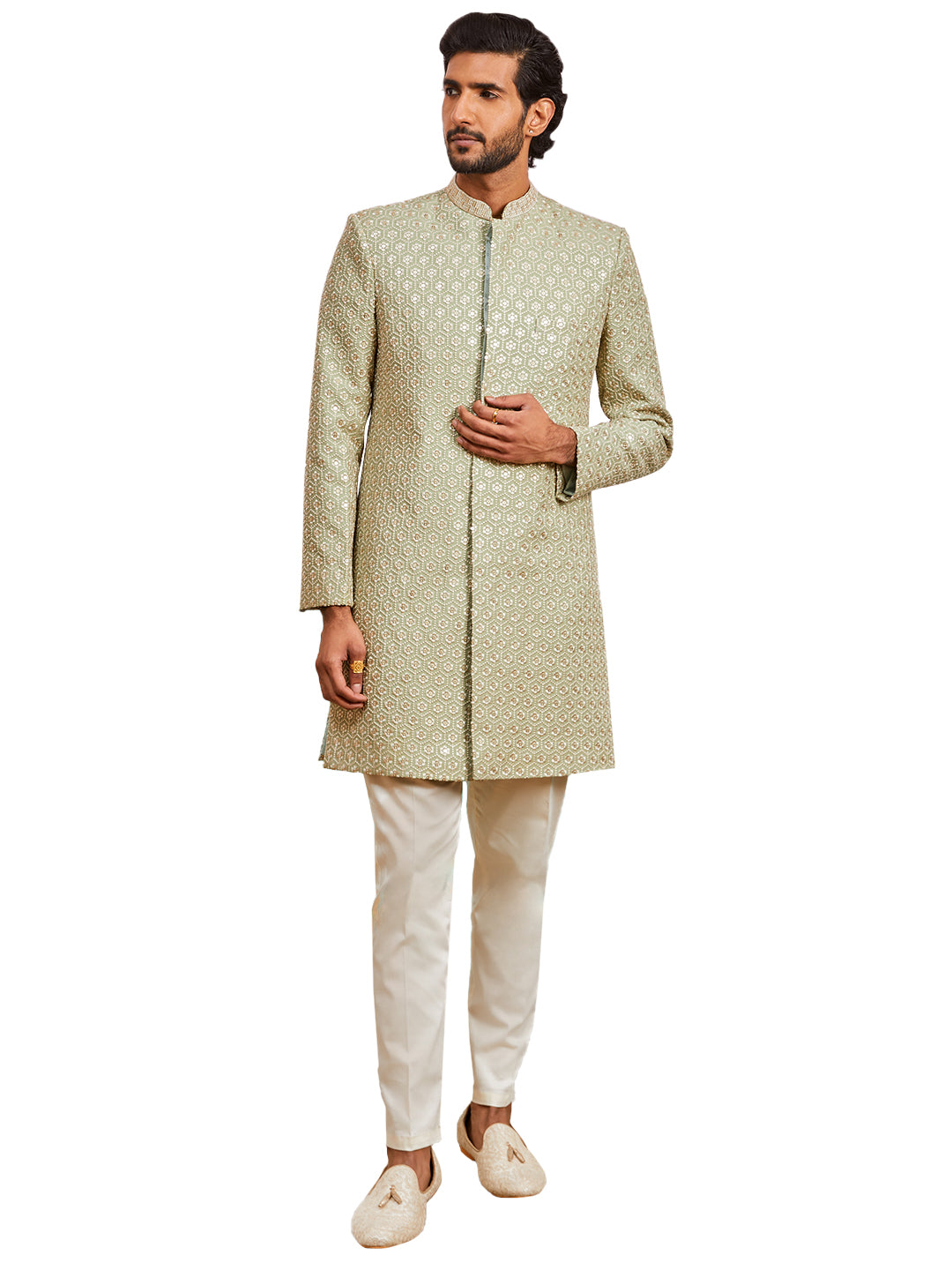 Pista Green Silk Blend Wedding Men's Indo Western Set
