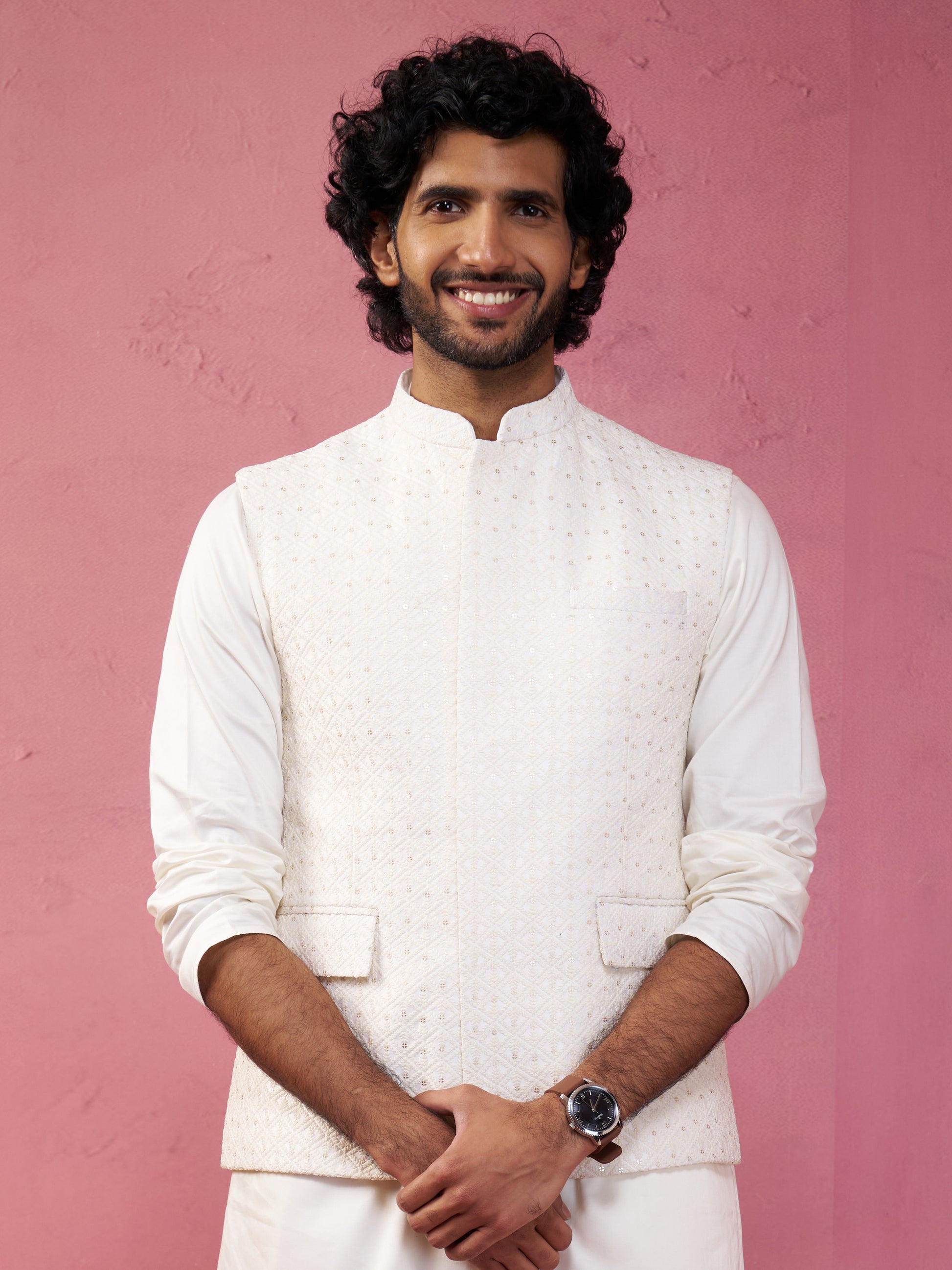 Cream Silk Blend Party Wear Men's Jacket