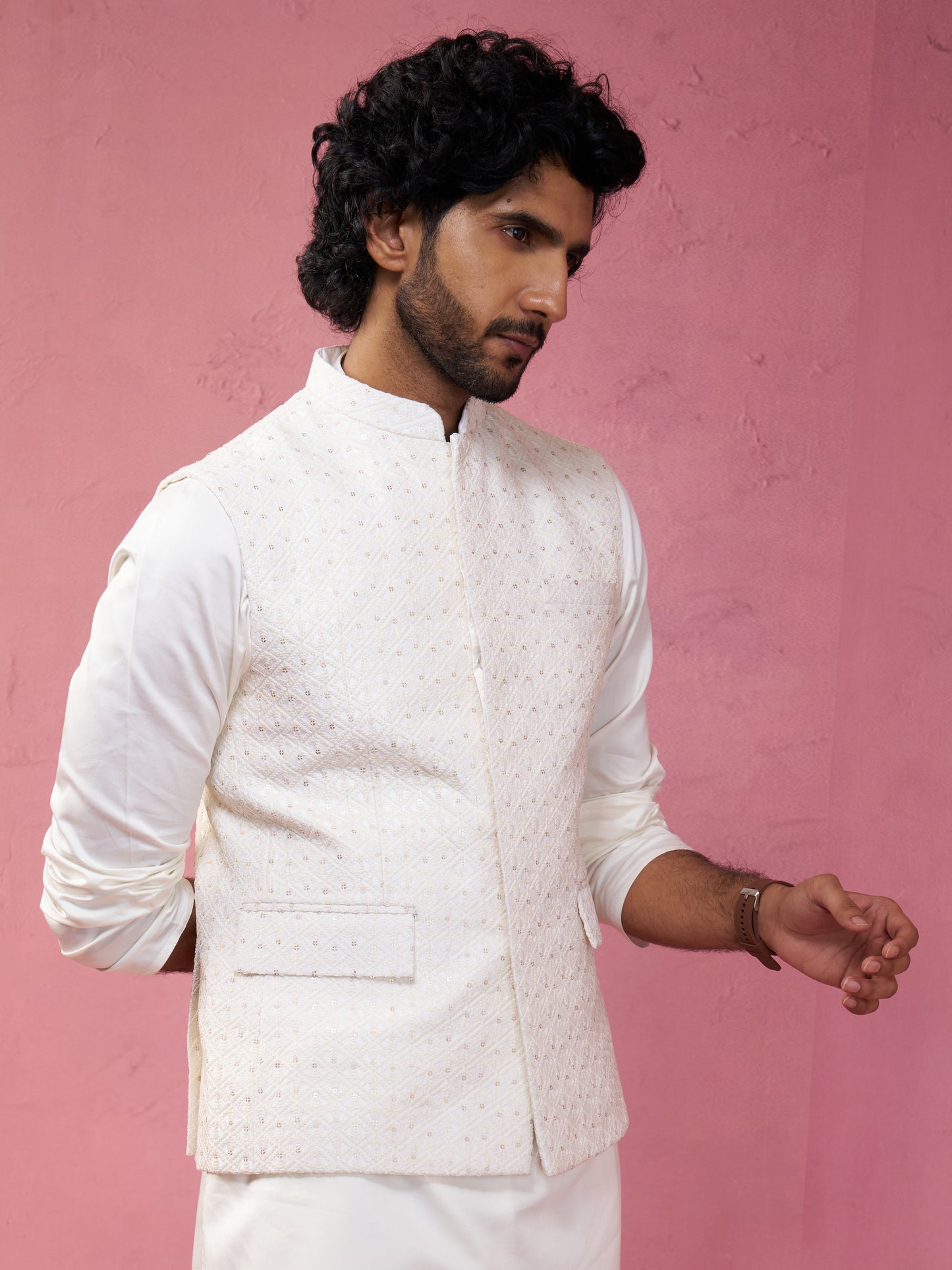 Cream Silk Blend Party Wear Men's Jacket