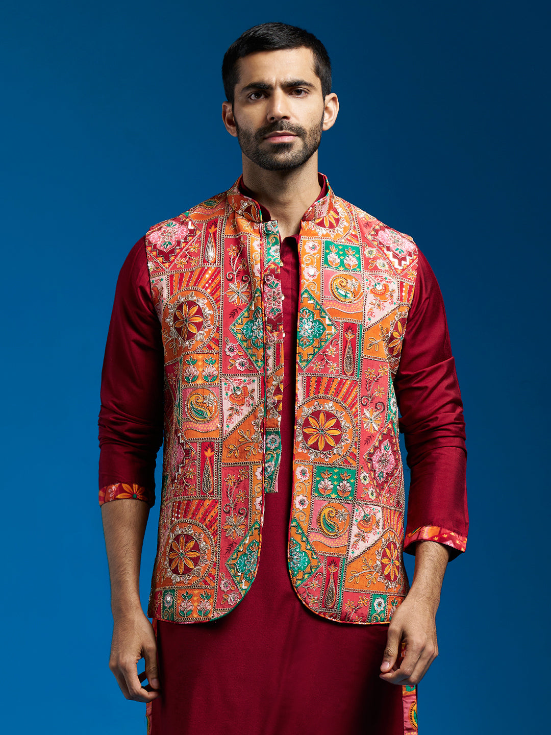 Red Silk Blend Party Wear Men's Jacket