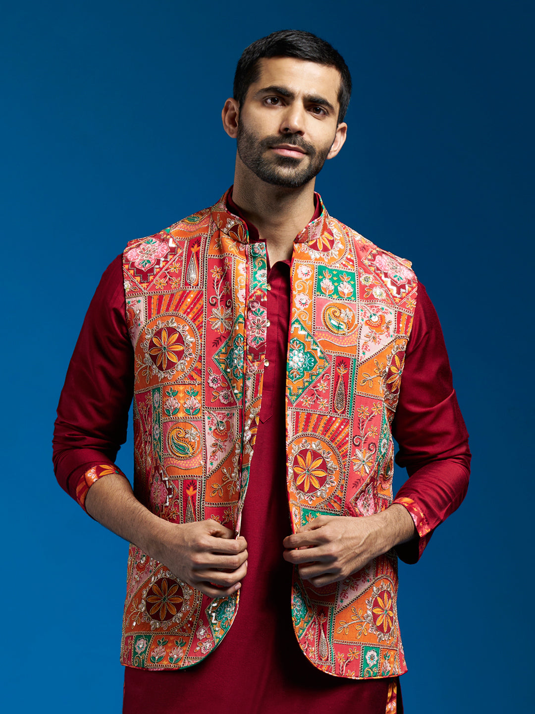 Red Silk Blend Party Wear Men's Jacket