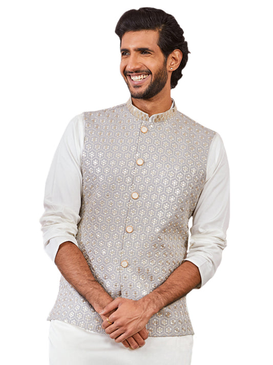 Grey Silk Blend Party Wear Men's Jacket