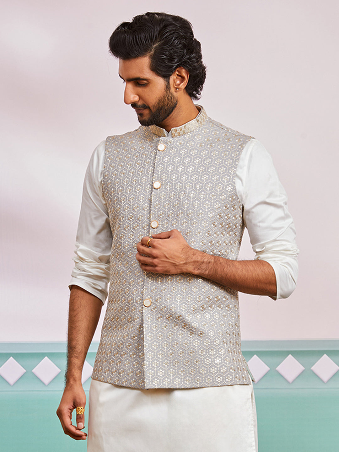 Grey Silk Blend Party Wear Men's Jacket