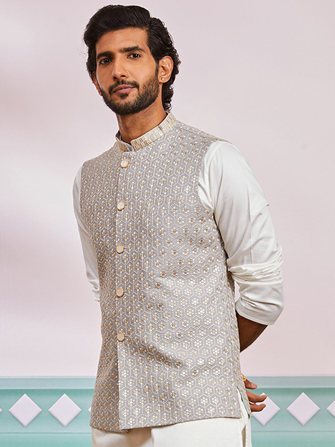 Grey Silk Blend Party Wear Men's Jacket