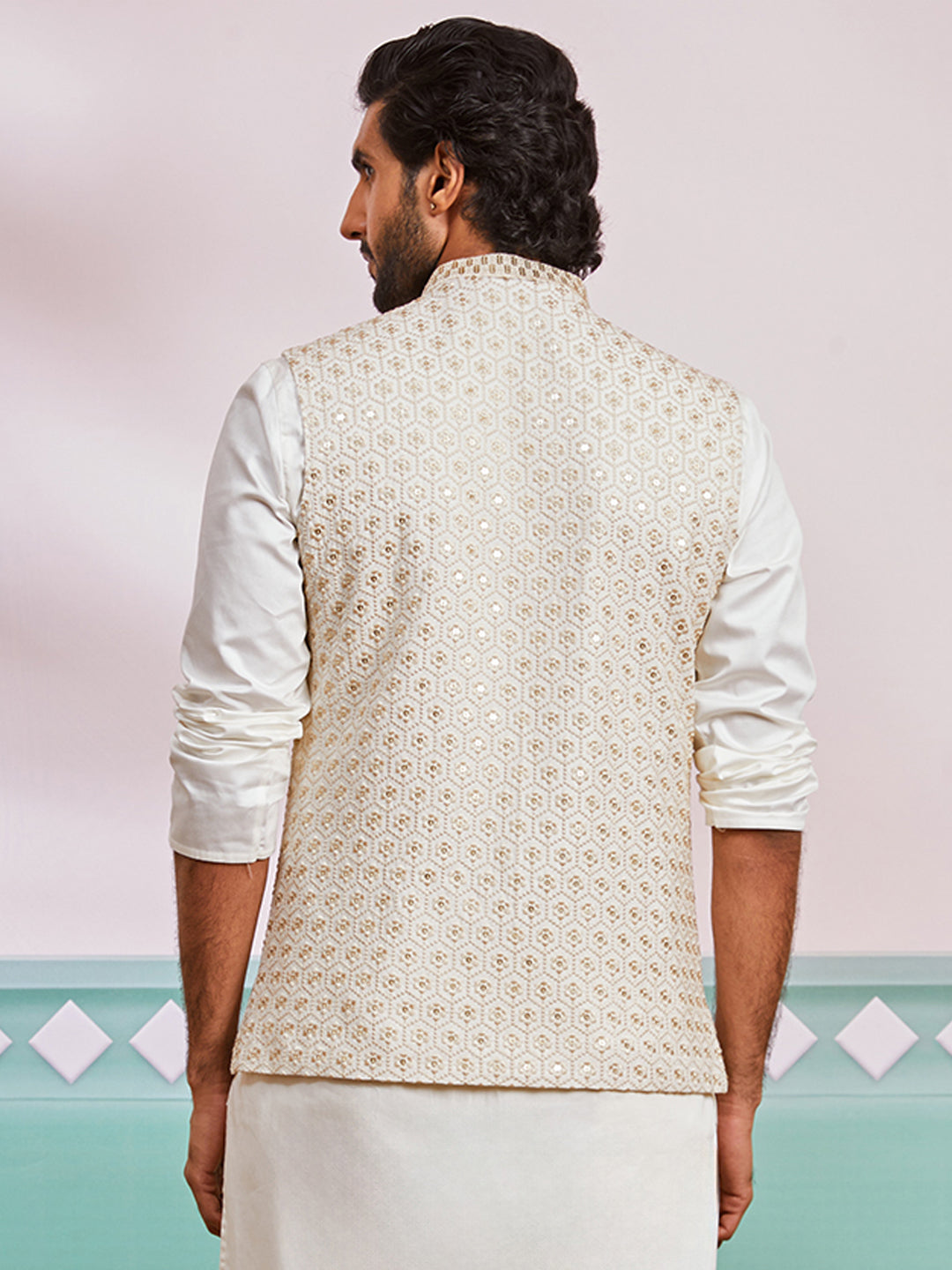Off White Silk Blend Party Wear Men's Jacket