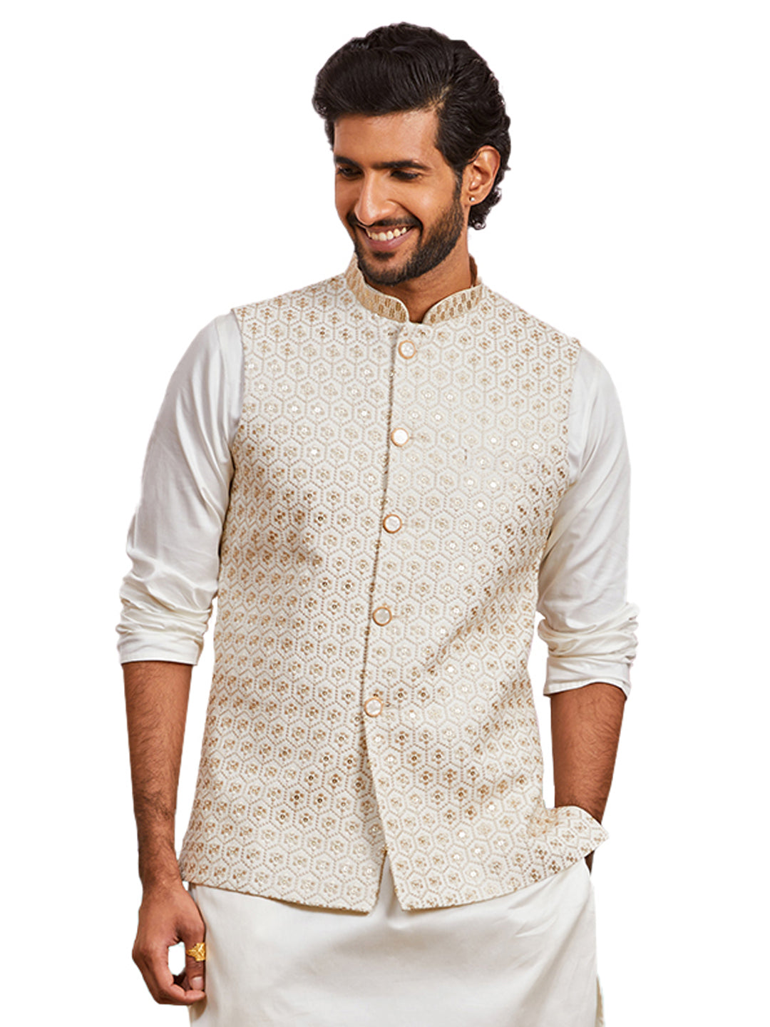 Off White Silk Blend Party Wear Men's Jacket