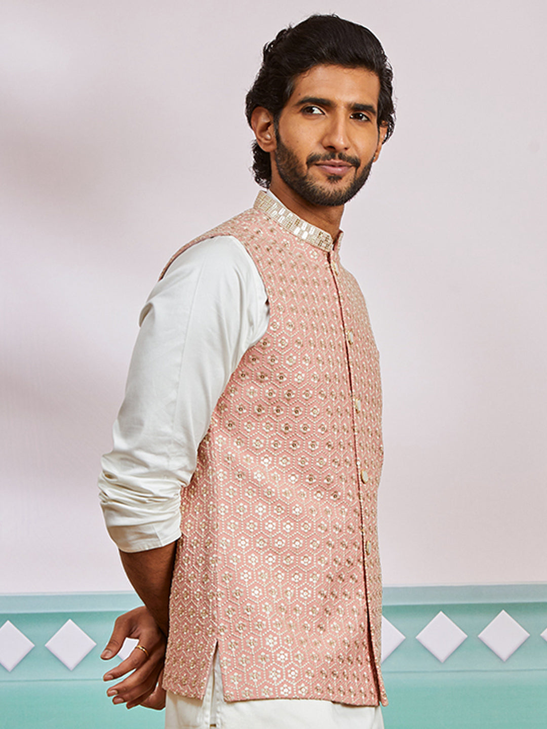 Peach Silk Blend Party Wear Men's Jacket