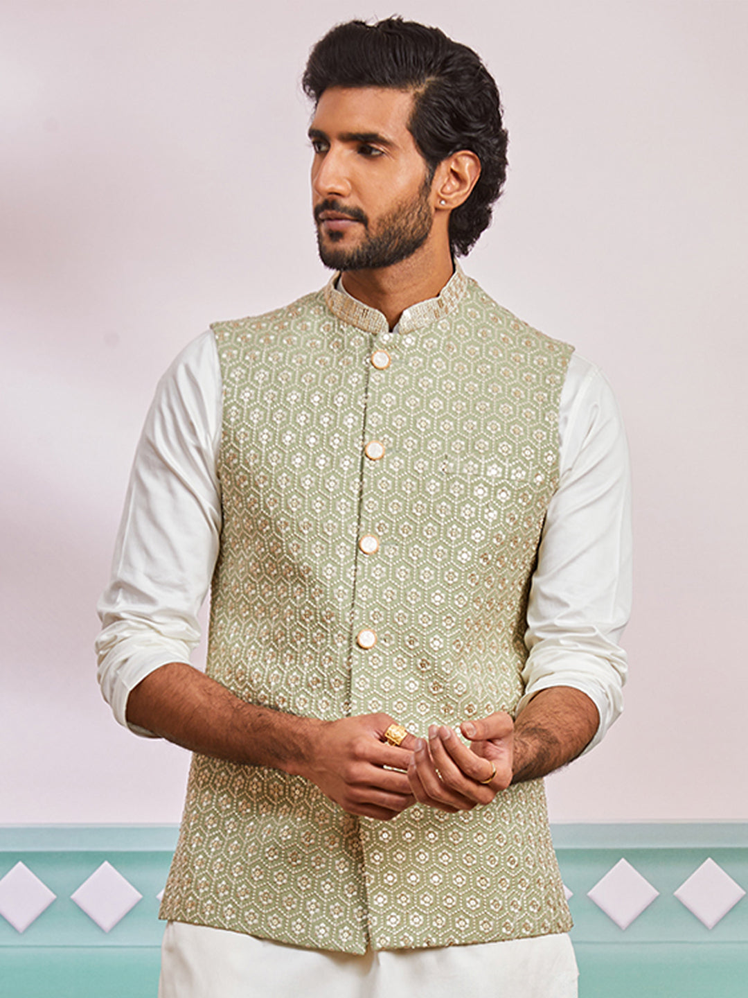 Pista Green Silk Blend Party Wear Men's Jacket
