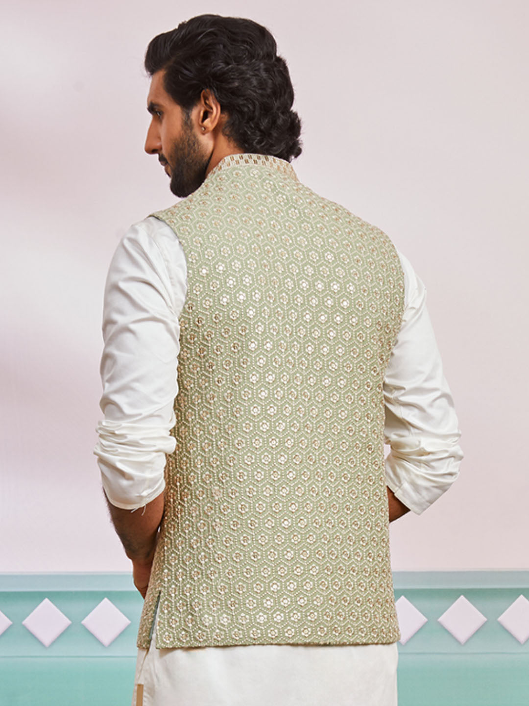 Pista Green Silk Blend Party Wear Men's Jacket