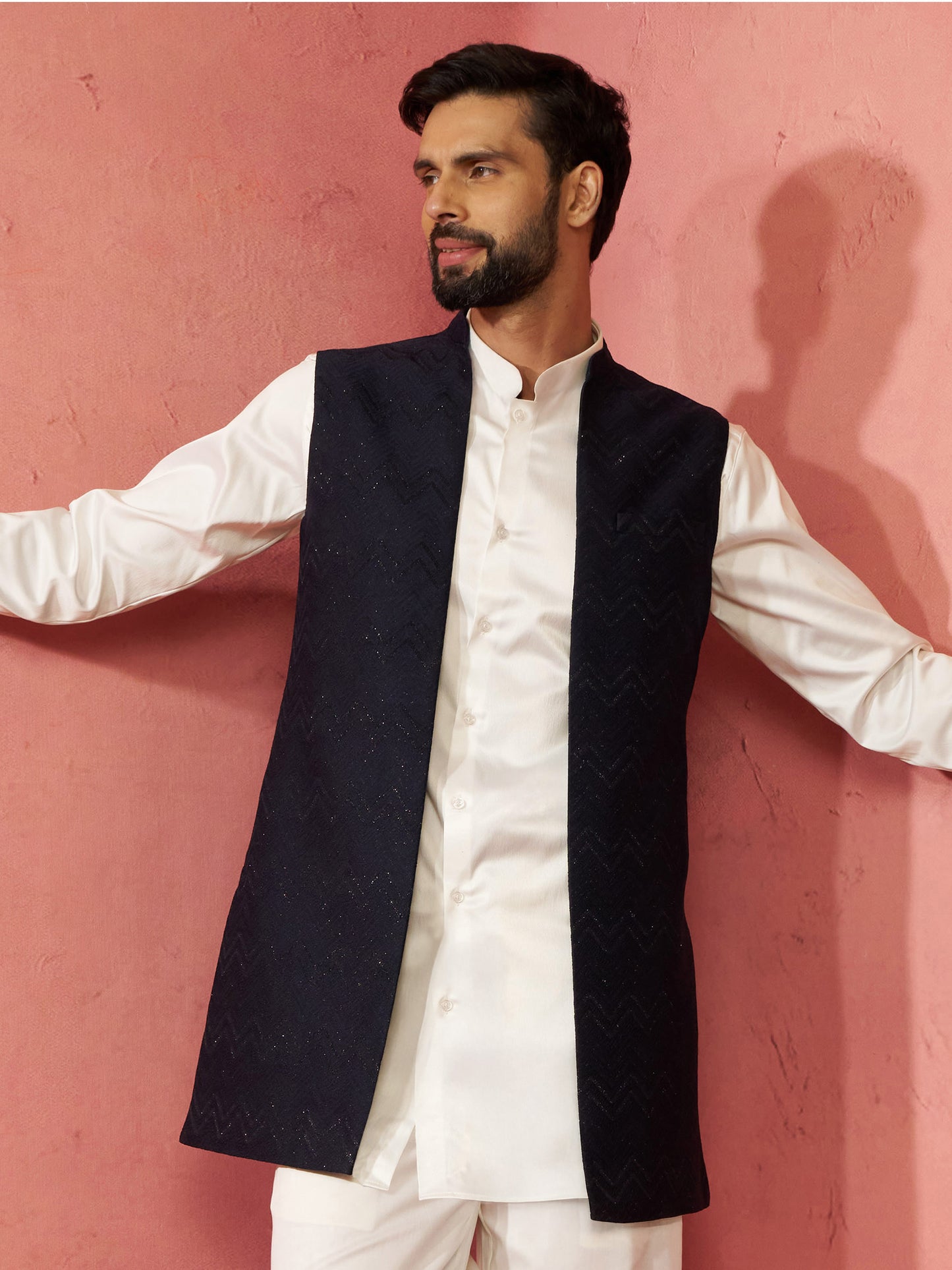 Navy Blue Silk Blend Wedding Wear Men's Jacket