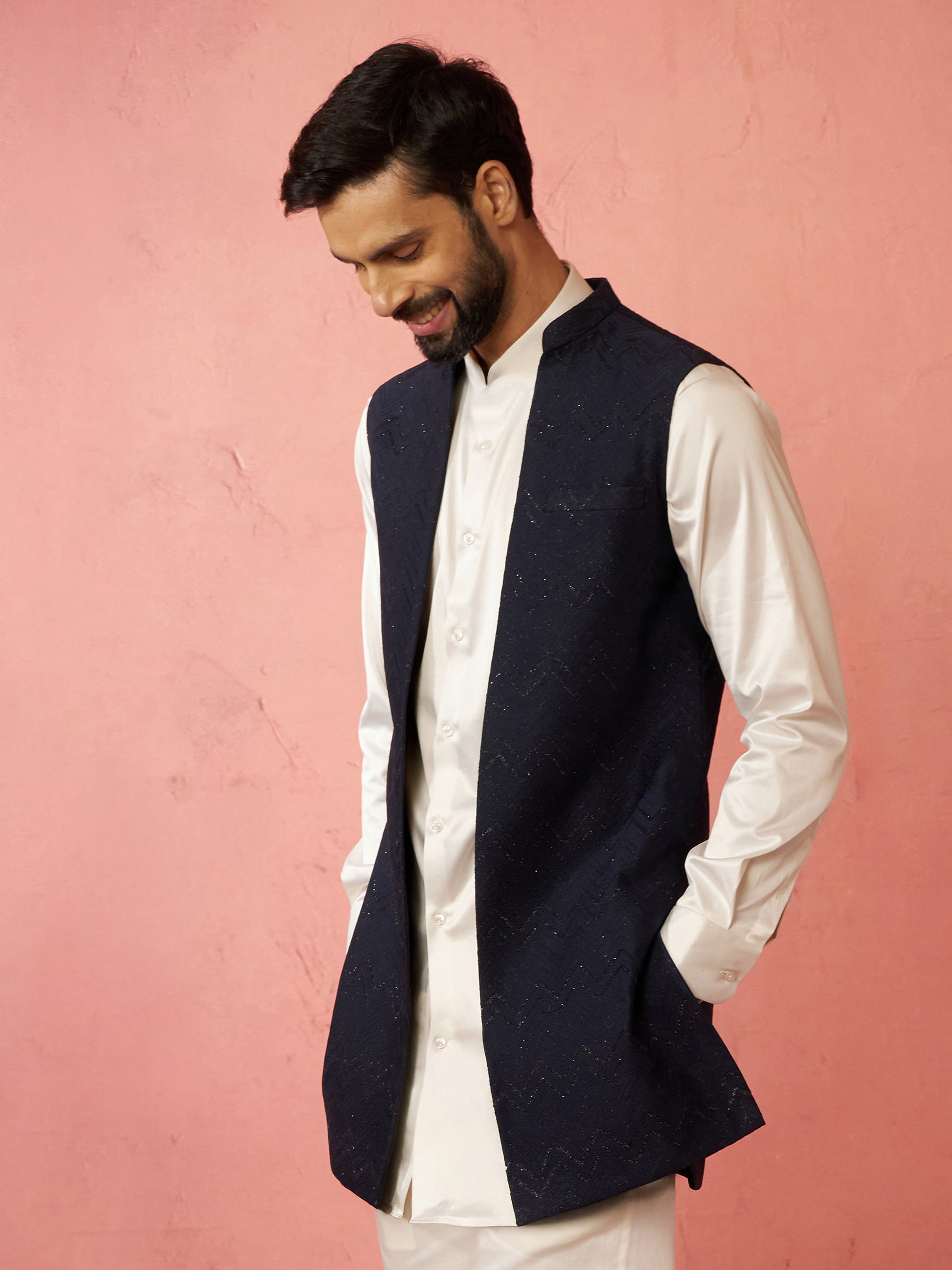 Navy Blue Silk Blend Wedding Wear Men's Jacket
