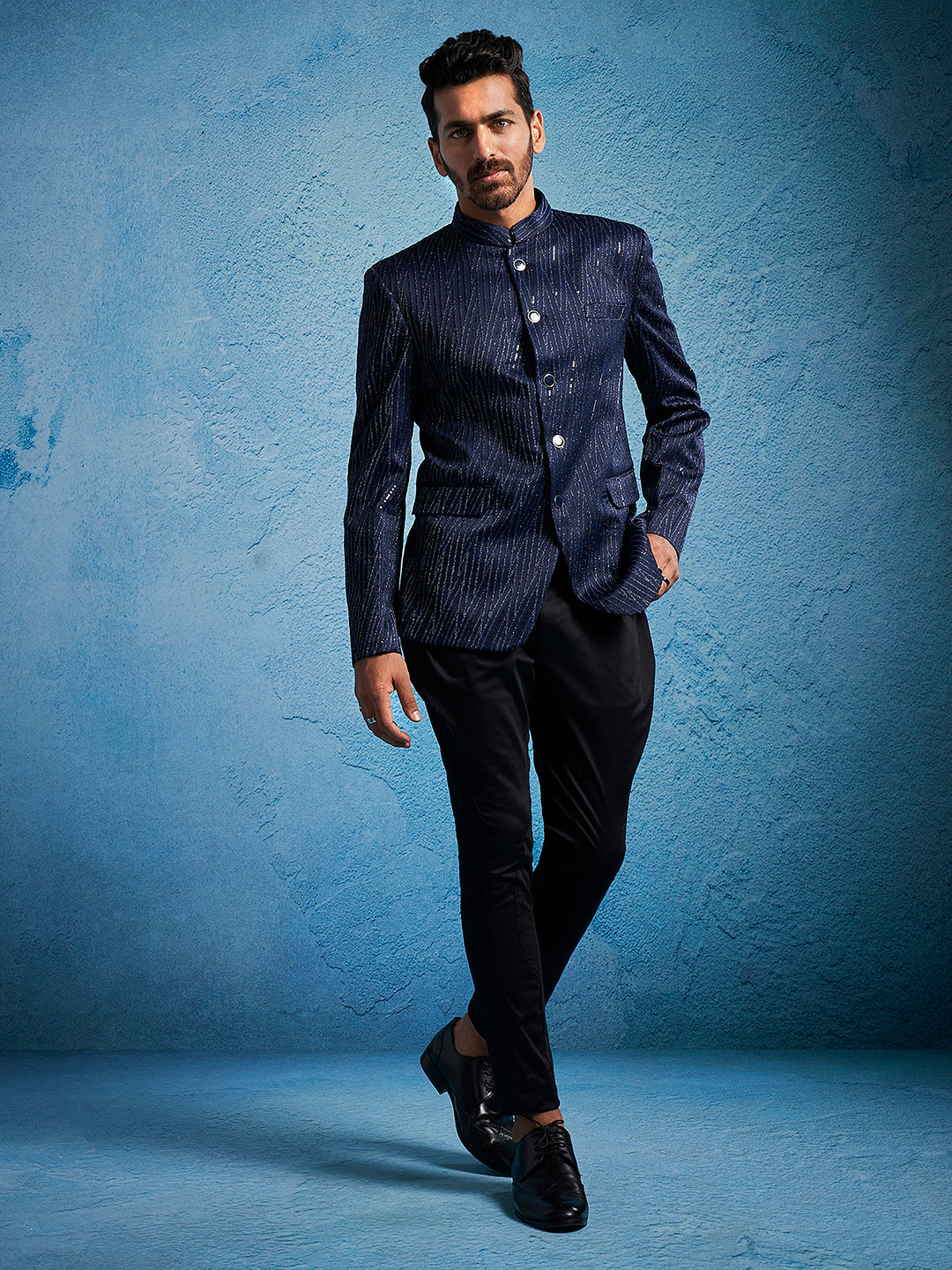 Navy Blue Sequins Silk Blend Festival Men's Jacket