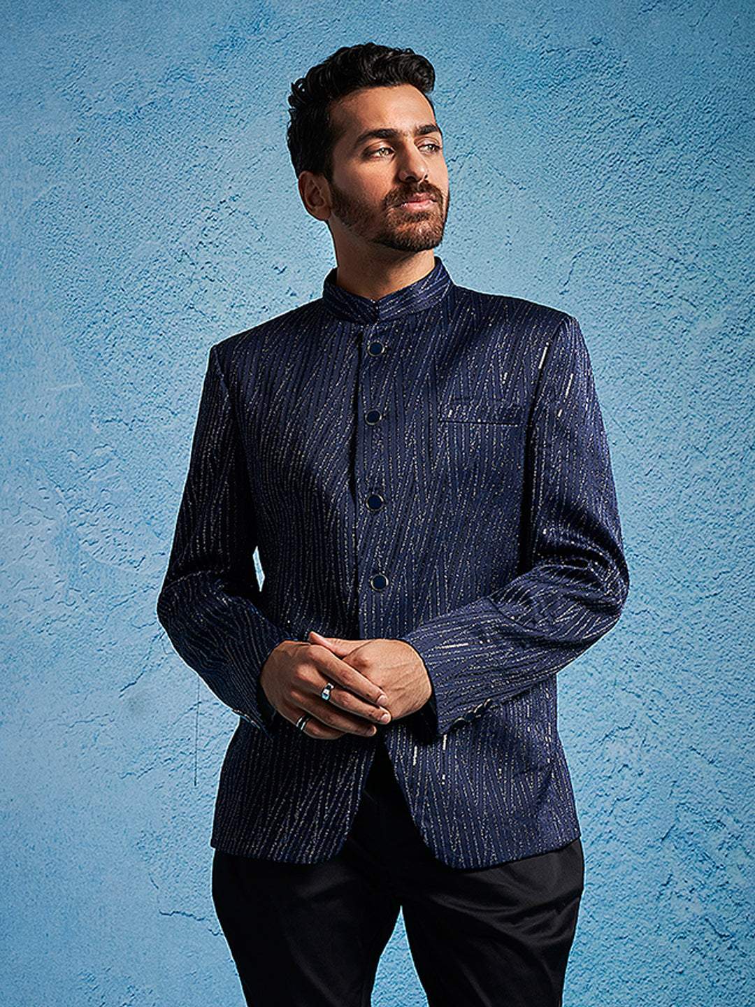 Navy Blue Sequins Silk Blend Festival Men's Jacket