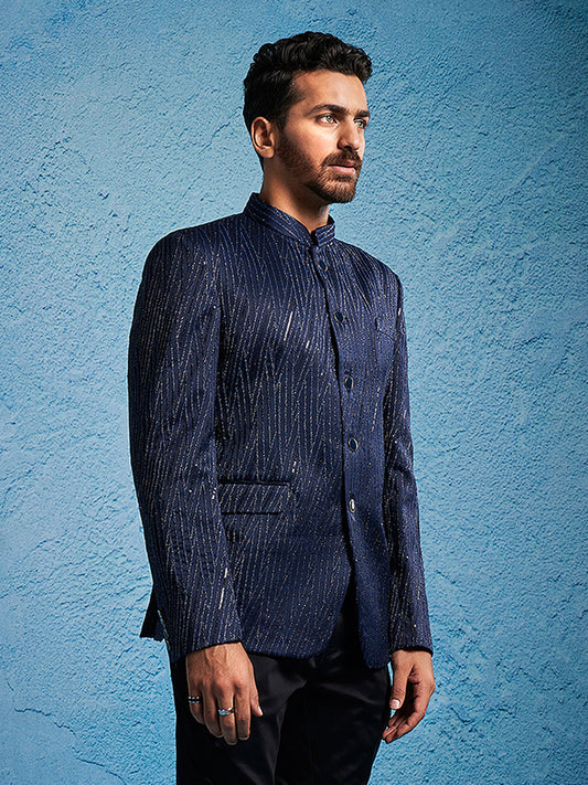 Navy Blue Sequins Silk Blend Festival Men's Jacket