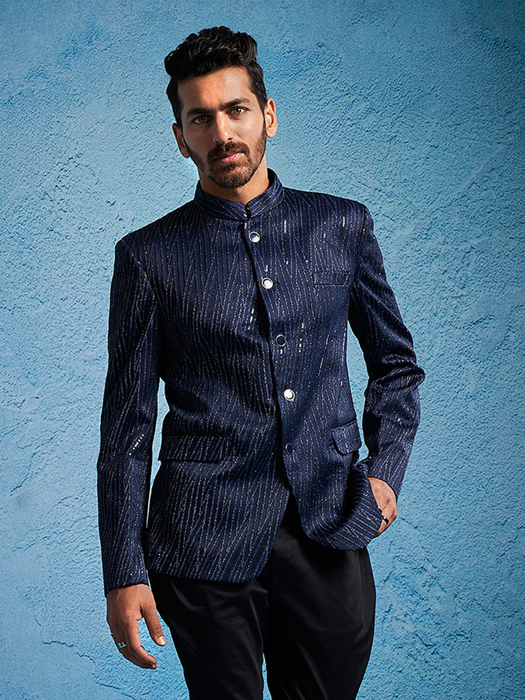 Navy Blue Sequins Silk Blend Festival Men's Jacket