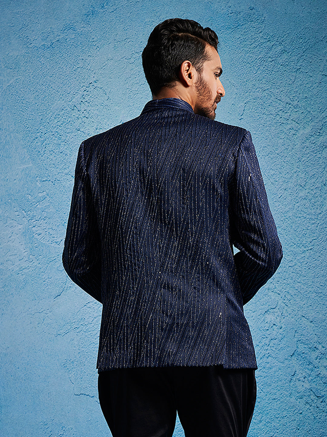 Navy Blue Sequins Silk Blend Festival Men's Jacket
