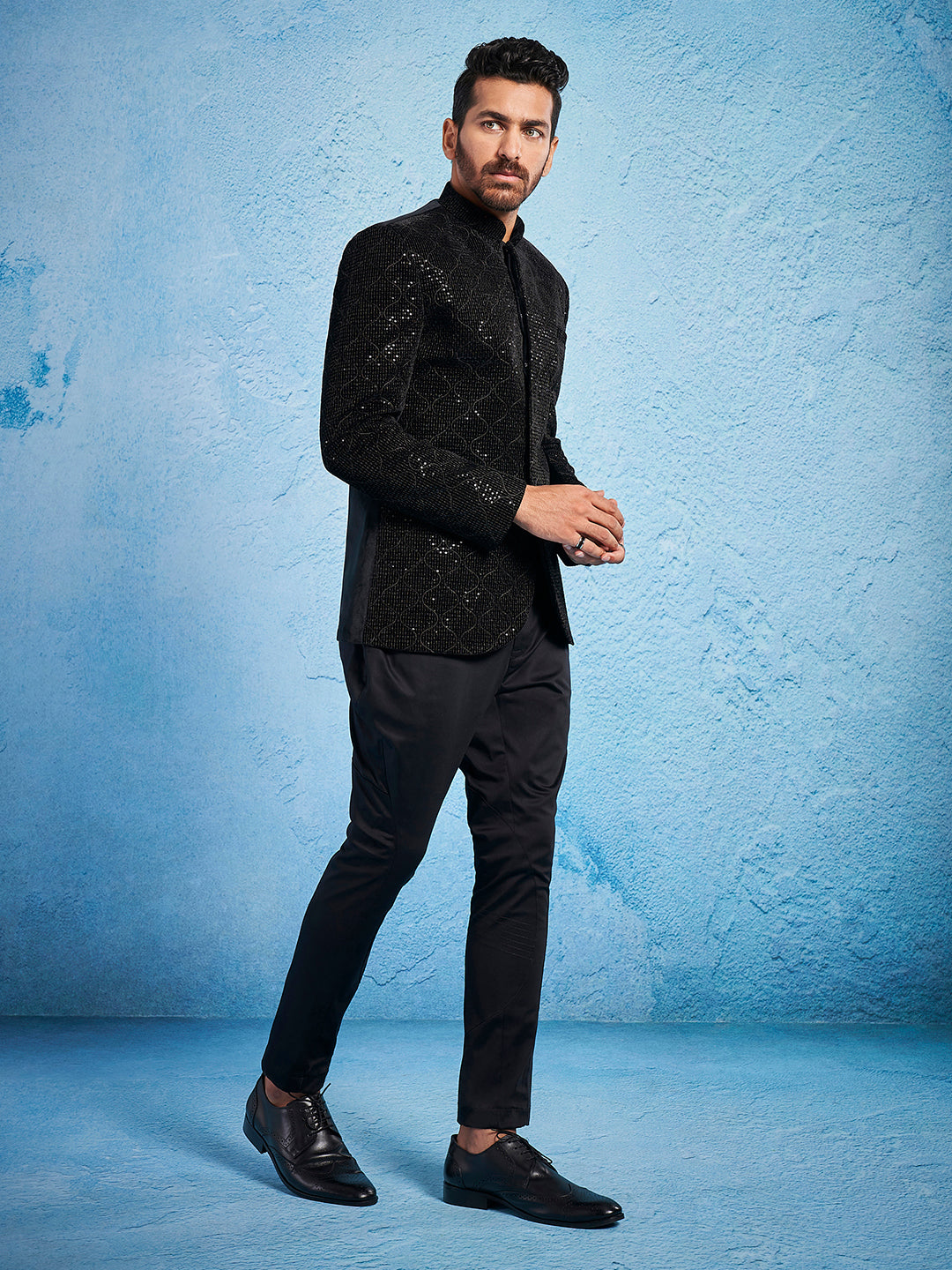 Black Silk Sequins Festival Men's Jacket Set