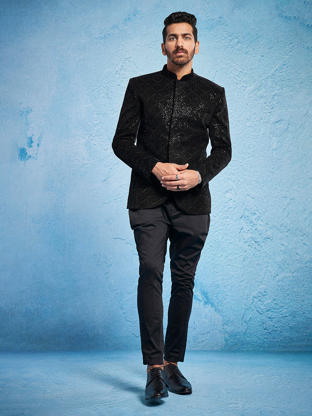 Black Silk Sequins Festival Men's Jacket Set