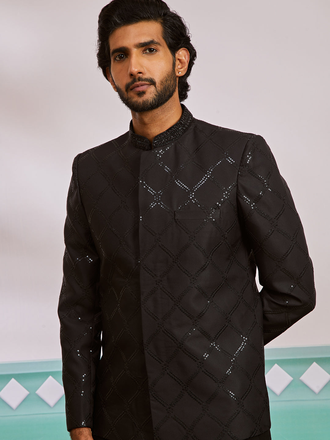 Black Silk Zig Zag Sequins Festival Men's Jacket