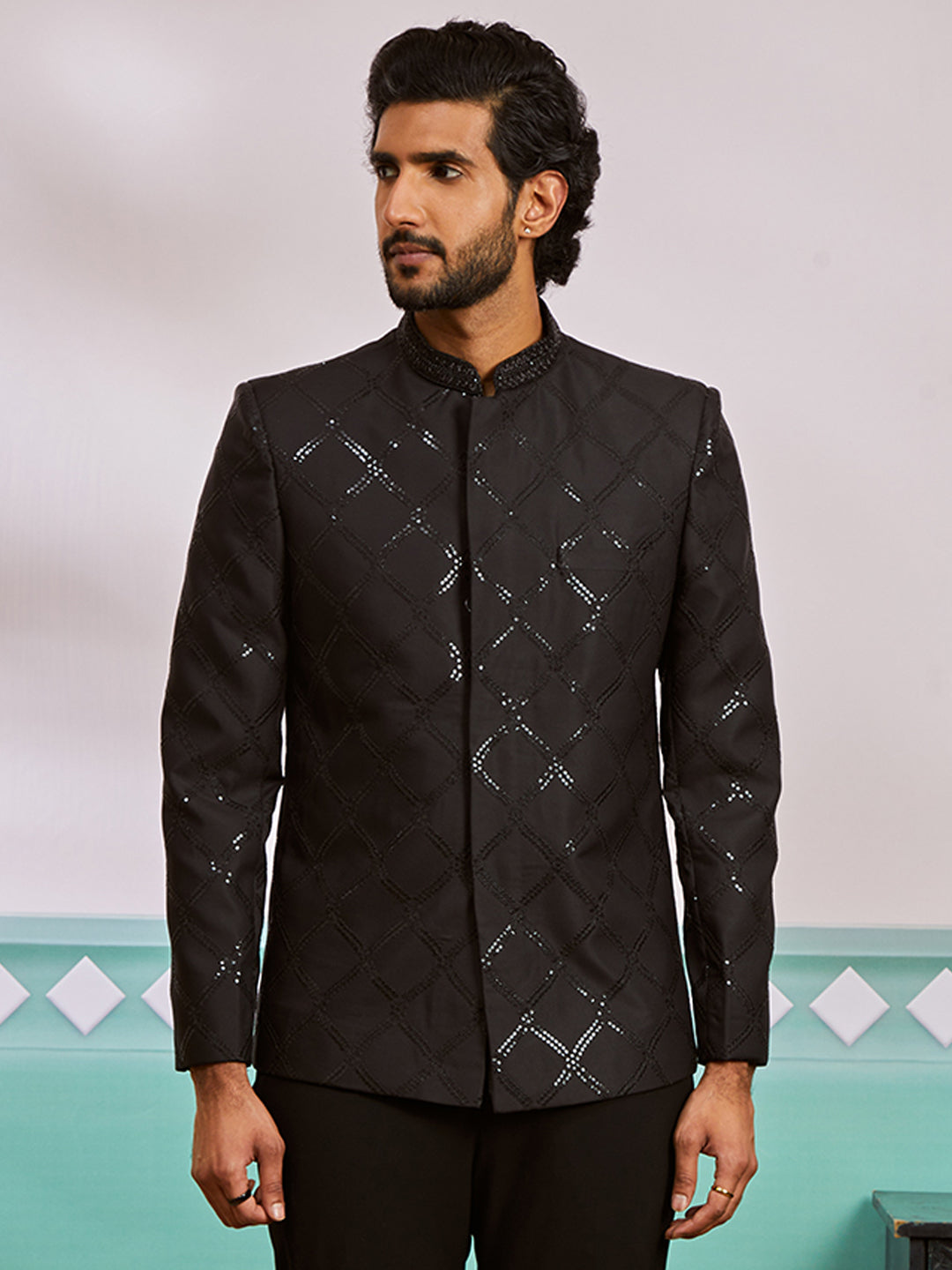 Black Silk Zig Zag Sequins Festival Men's Jacket