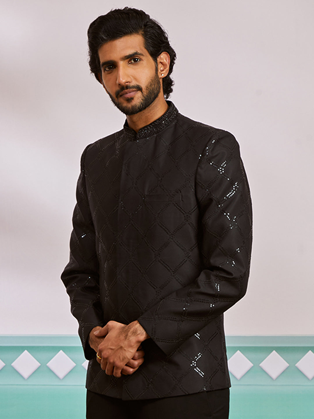 Black Silk Zig Zag Sequins Festival Men's Jacket