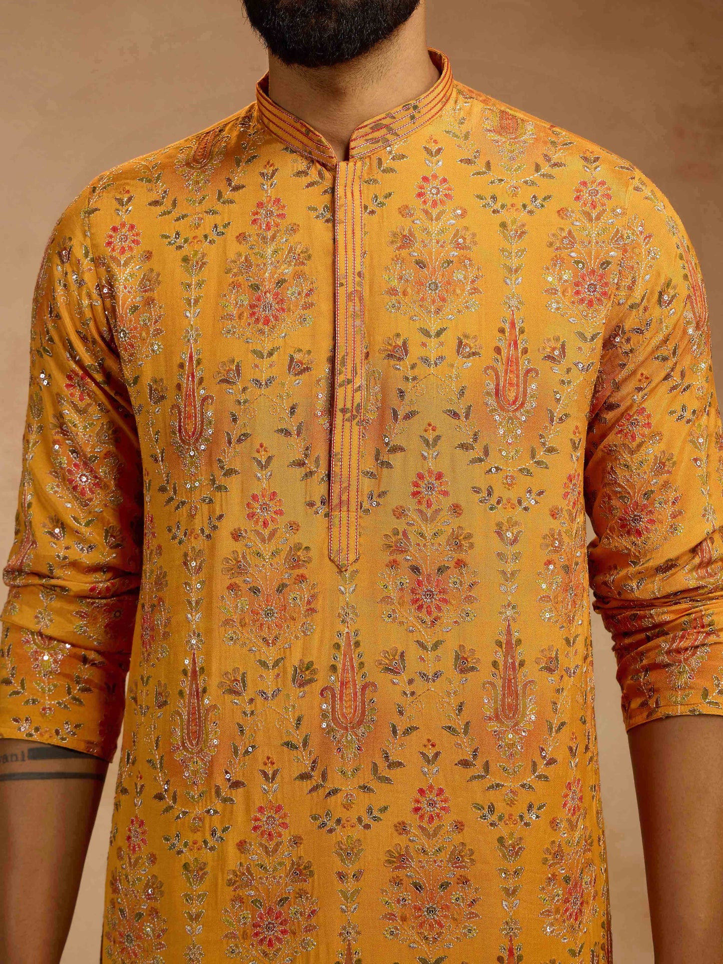 Mustard Silk Blend Party Wear Men's Kurta