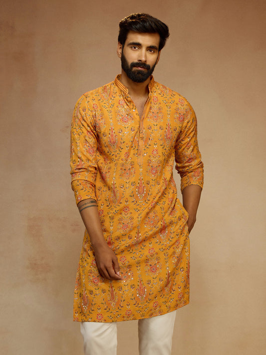 Mustard Silk Blend Party Wear Men's Kurta