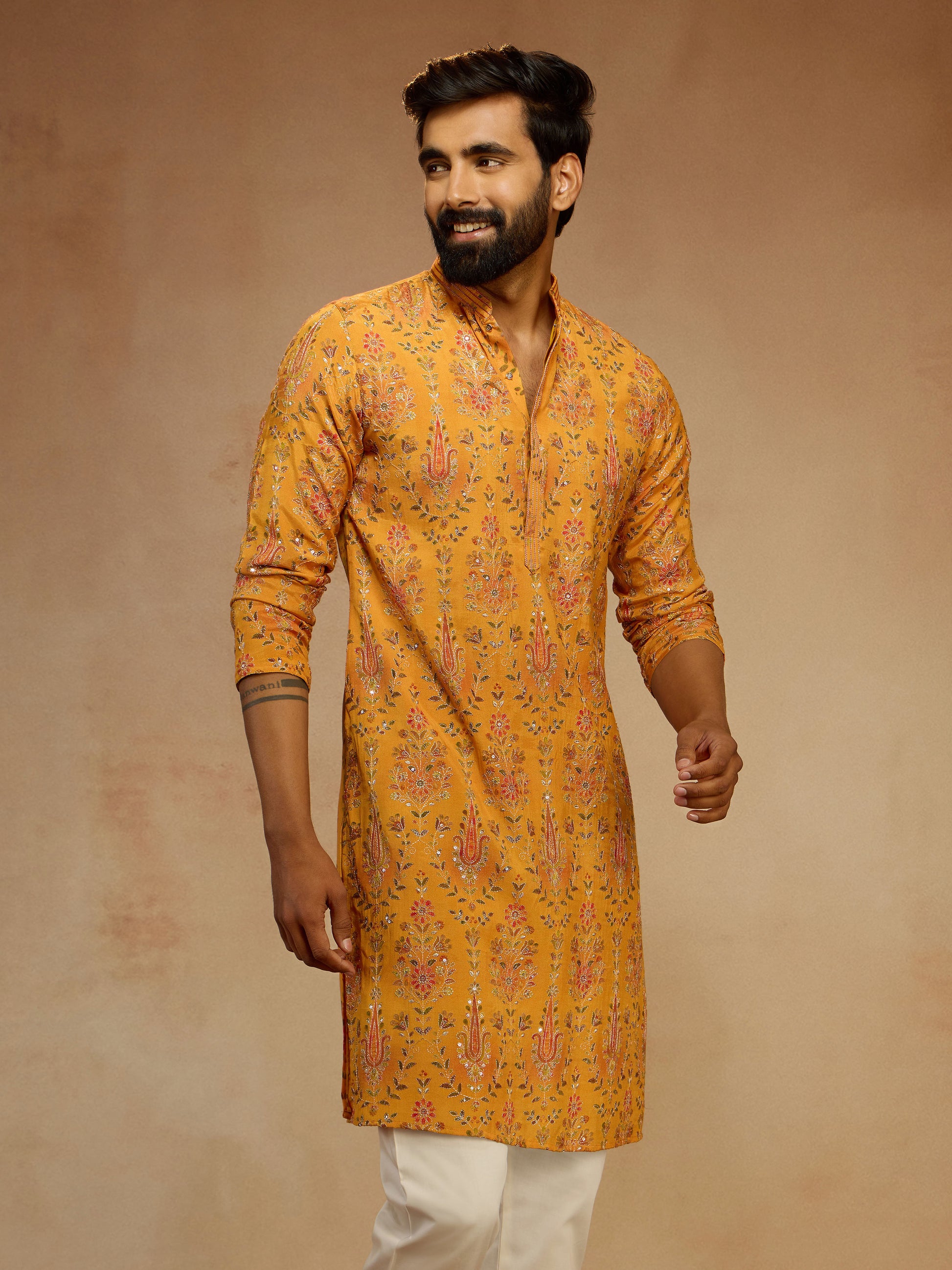 Mustard Silk Blend Party Wear Men's Kurta