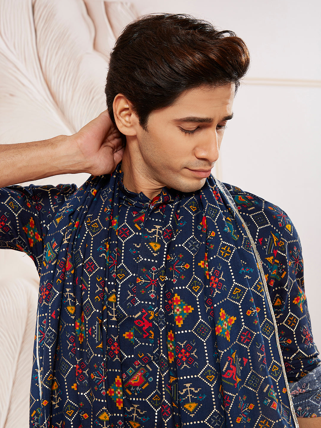 Blue Silk Blend Wedding Men's Kurta Set with Dupatta