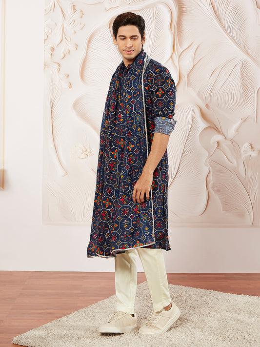 Blue Silk Blend Wedding Men's Kurta Set with Dupatta