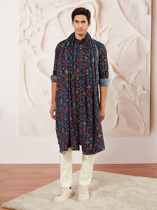 Blue Silk Blend Wedding Men's Kurta Set with Dupatta