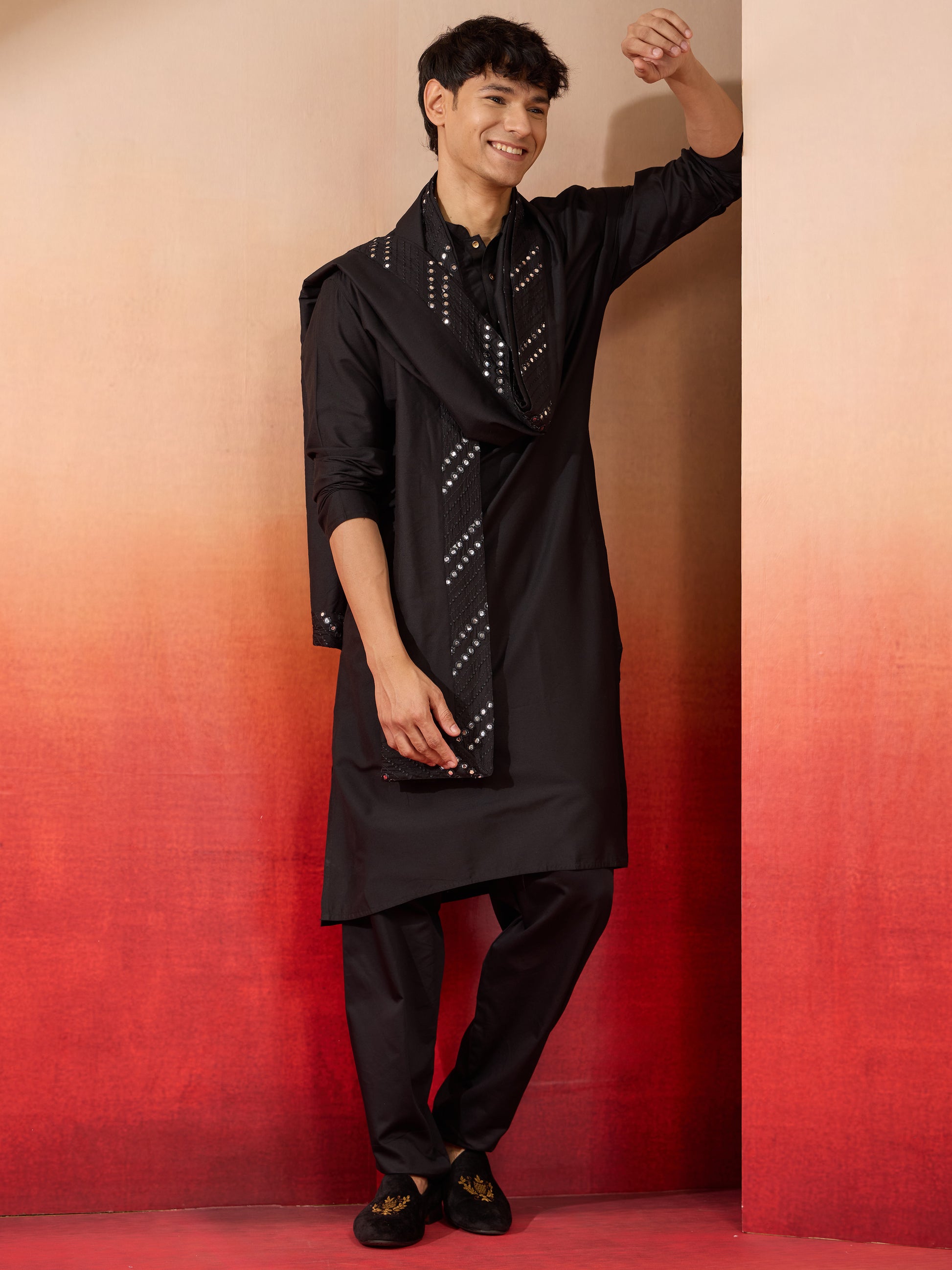 Cream Silk Blend Festival Men's Kurta Set with Dupatta
