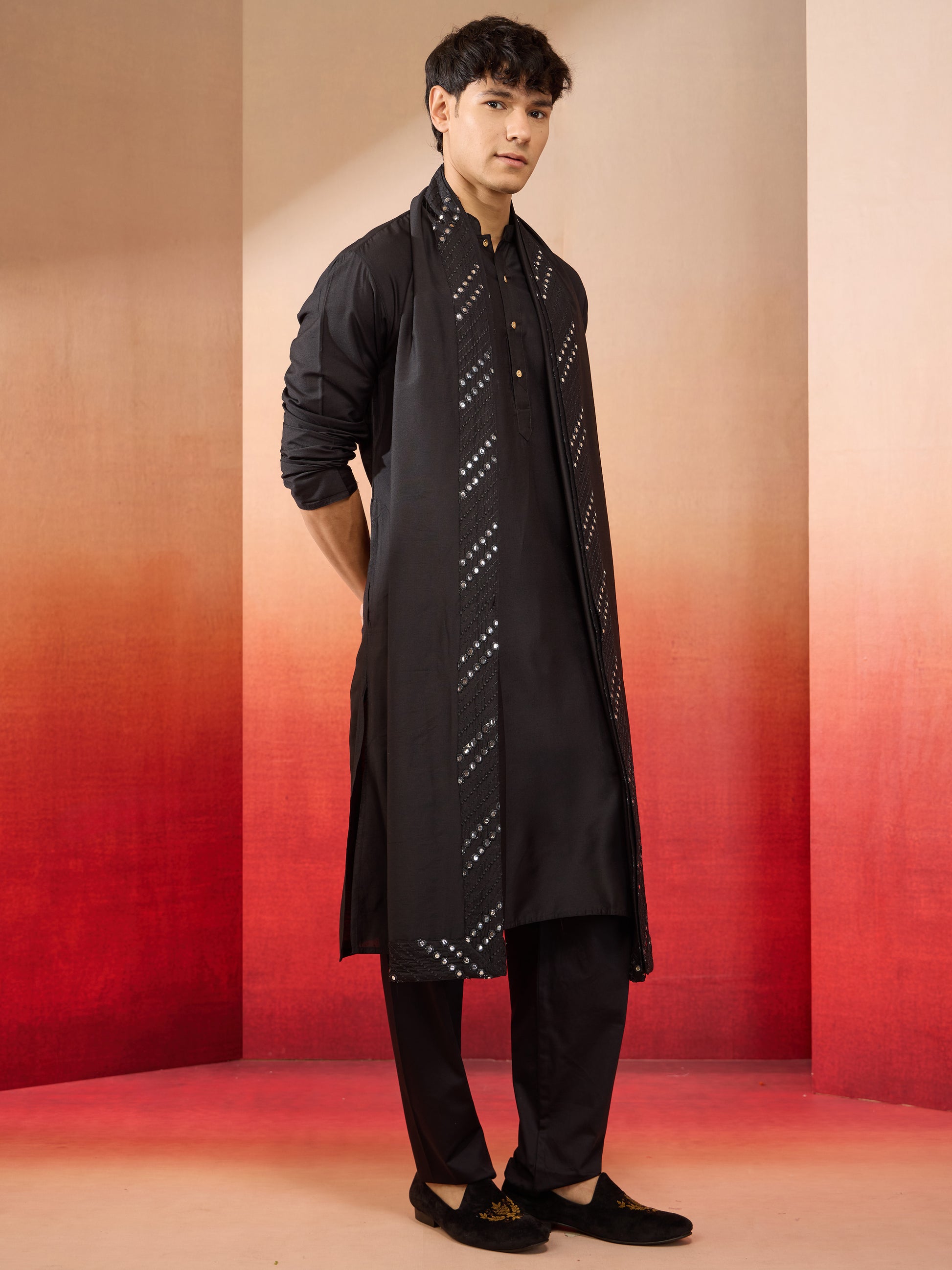 Cream Silk Blend Festival Men's Kurta Set with Dupatta