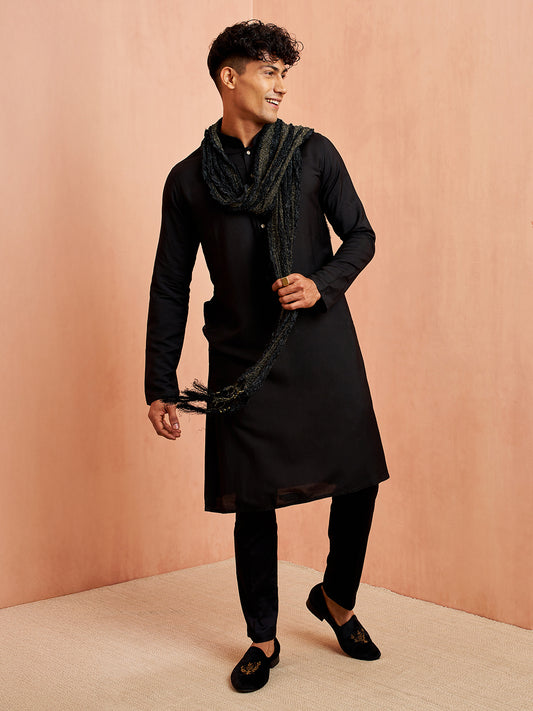 Black Silk Wedding Wear Men'S Kurta Set With Dupatta