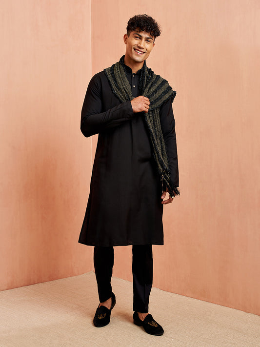 Black Silk Wedding Wear Men'S Kurta Set With Dupatta