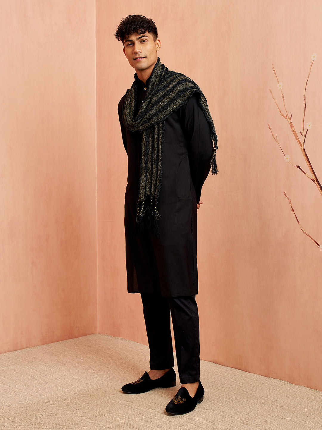 Black Silk Wedding Wear Men'S Kurta Set With Dupatta