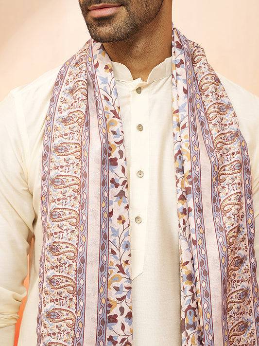 Cream Men's Kurta Set With Pashmina Digital Print Dupatta