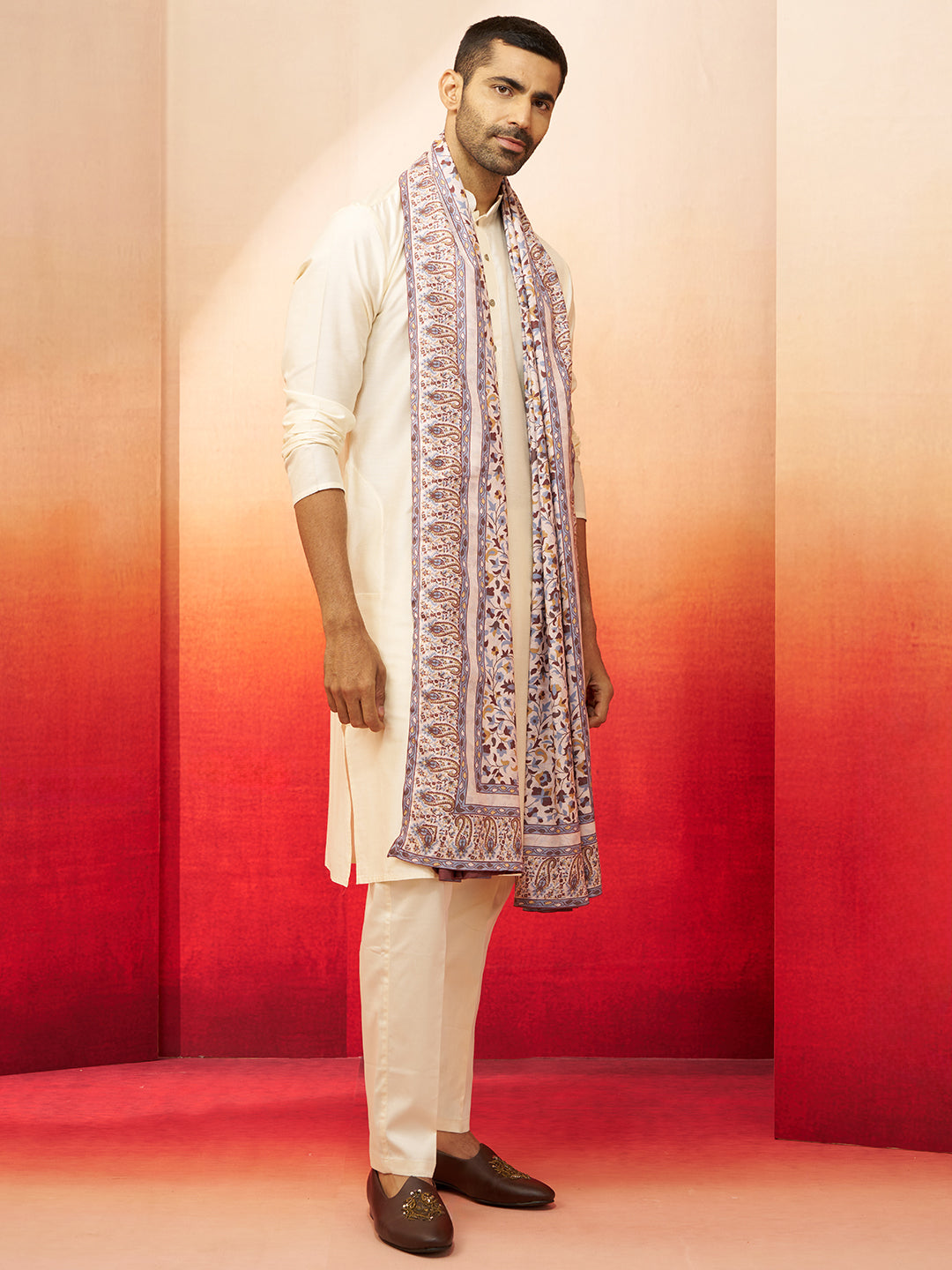 Cream Men's Kurta Set With Pashmina Digital Print Dupatta