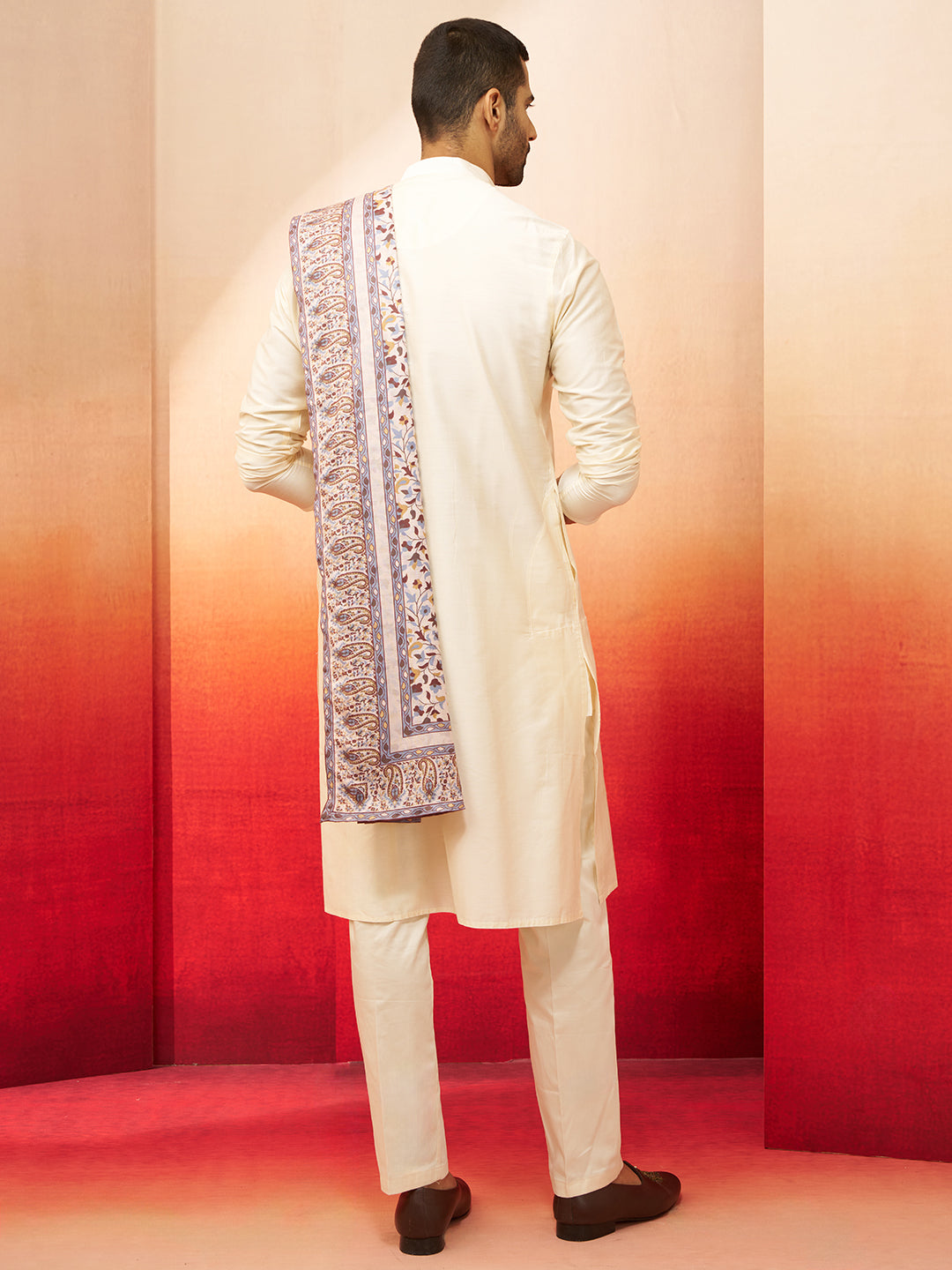 Cream Men's Kurta Set With Pashmina Digital Print Dupatta