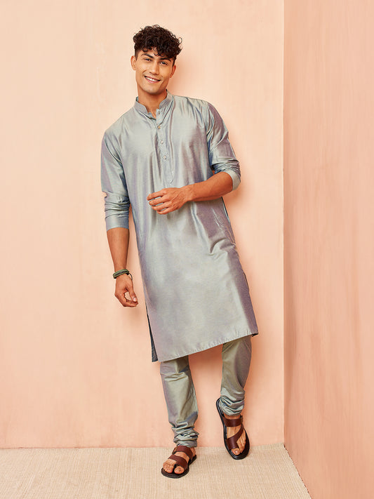 Olive Green Silk Wedding Wear Men'S Kurta Set